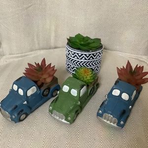 4 fake succulents,  2 blue trucks, , 1 green truck, 1 Aztec, very cute